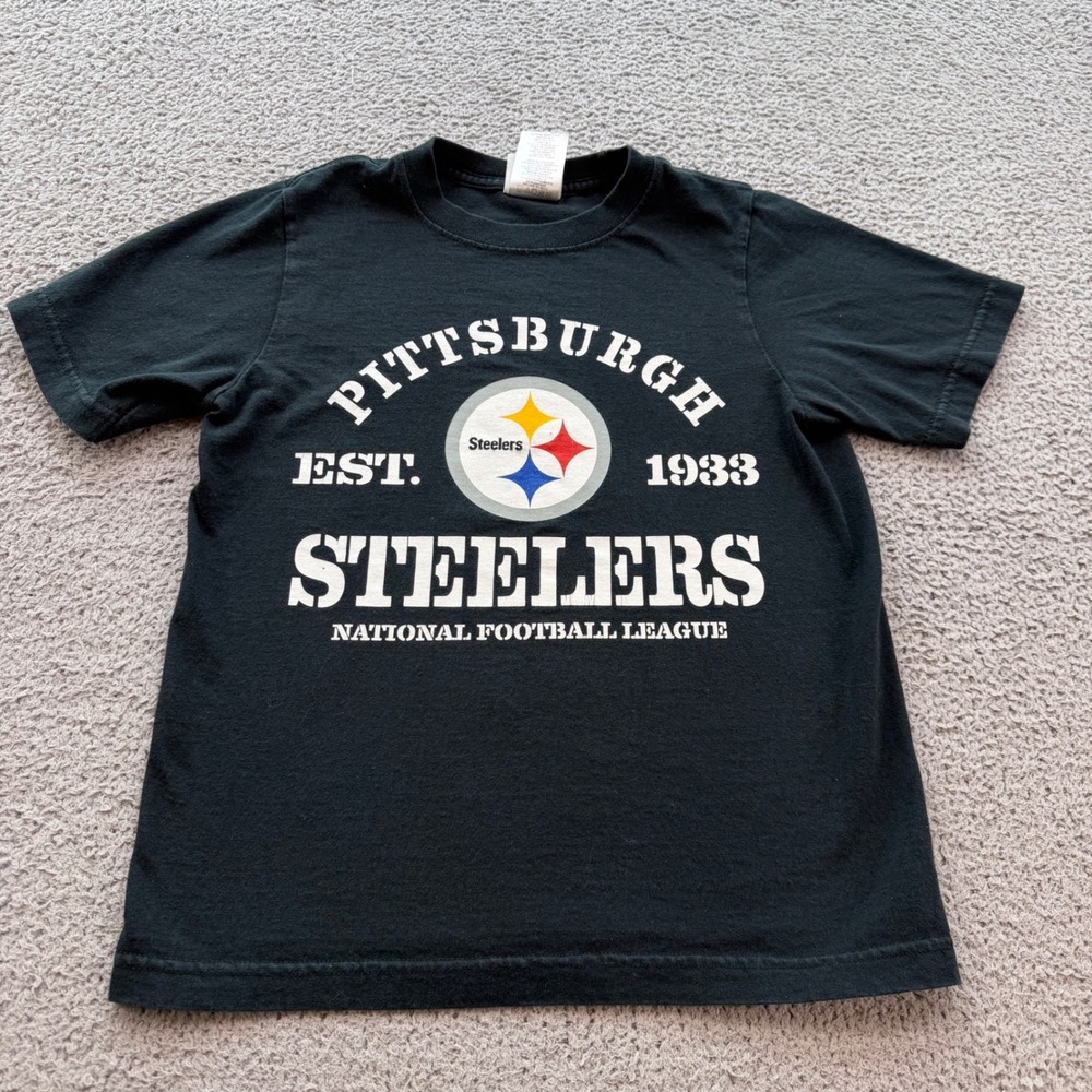NFL Team Apparel Pittsburgh Steelers Black Graphic T-Shirt Boys Size M 8/10
